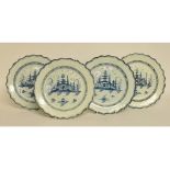 Four early 19th century pearlware plates, decorated pagodas, slight damage,