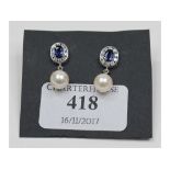 A pair of sapphire, diamond and pearl drop earrings,
