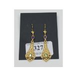 A pair of gold plated drop earrings, set amethyst,