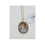 An oval portrait miniature, of a lady wearing a pendant, in a 9ct gold pendant mount,