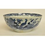 A large Chinese blue and white porcelain punch bowl, decorated peacocks, flowers and foliage, 40.