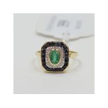 An Art Deco style 9ct gold, emerald, diamond and sapphire ring, approx.