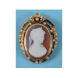 A Continental 18ct gold and hardstone cameo brooch, carved a bust portrait of a young lady,