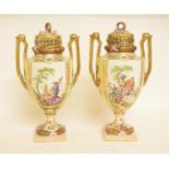 A pair of Meissen style porcelain vases and covers, with painted and gilt decoration,