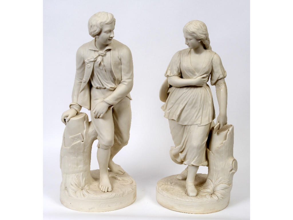 A pair of Copeland Parian The Trysting Tree figures, after G Halse, with stamped and incised marks,