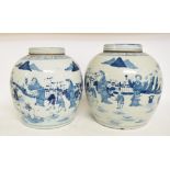 A pair of Chinese blue and white porcelain ginger jars and covers, decorated figures in a landscape,