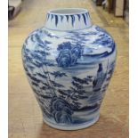 A Chinese blue and white vase, decorated figures in a landscape, cracked,