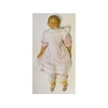 A wax head doll, with sleeping blue eyes and painted features, on a cloth body with wax limbs,