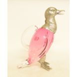 A novelty ruby glass decanter, with plated mounts, in the form of a duck,