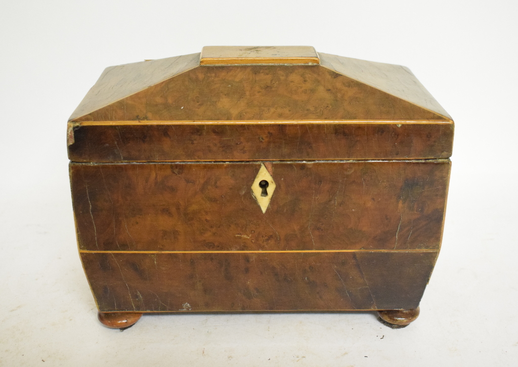 A 19th century yew wood tea caddy, of sa