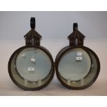 A pair of circular brass two light hangi