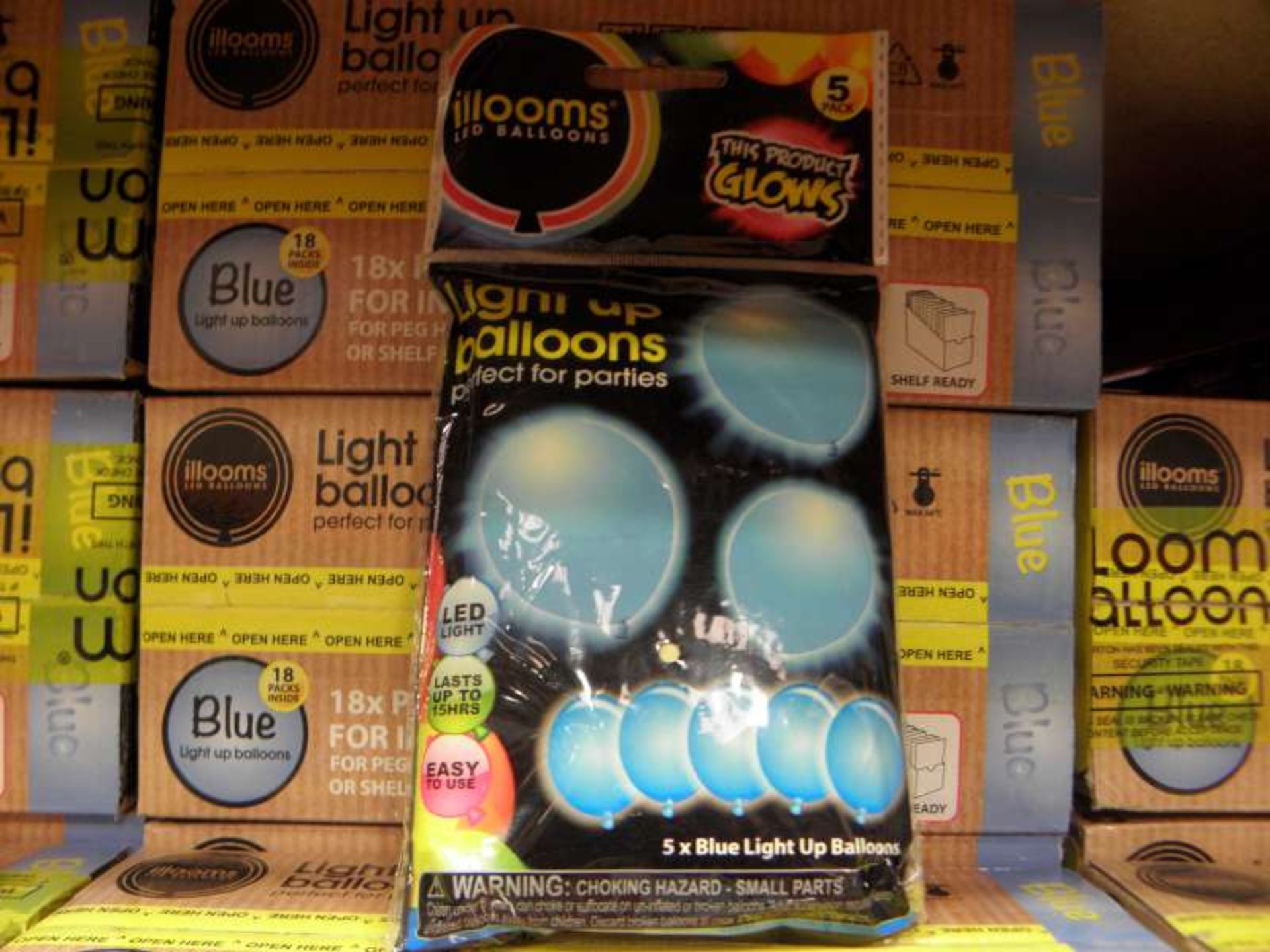 108 X PACKS OF 5 ILLOOMS BLUE COLOURED LIGHT UP BALLOONS IN 6 BOXES