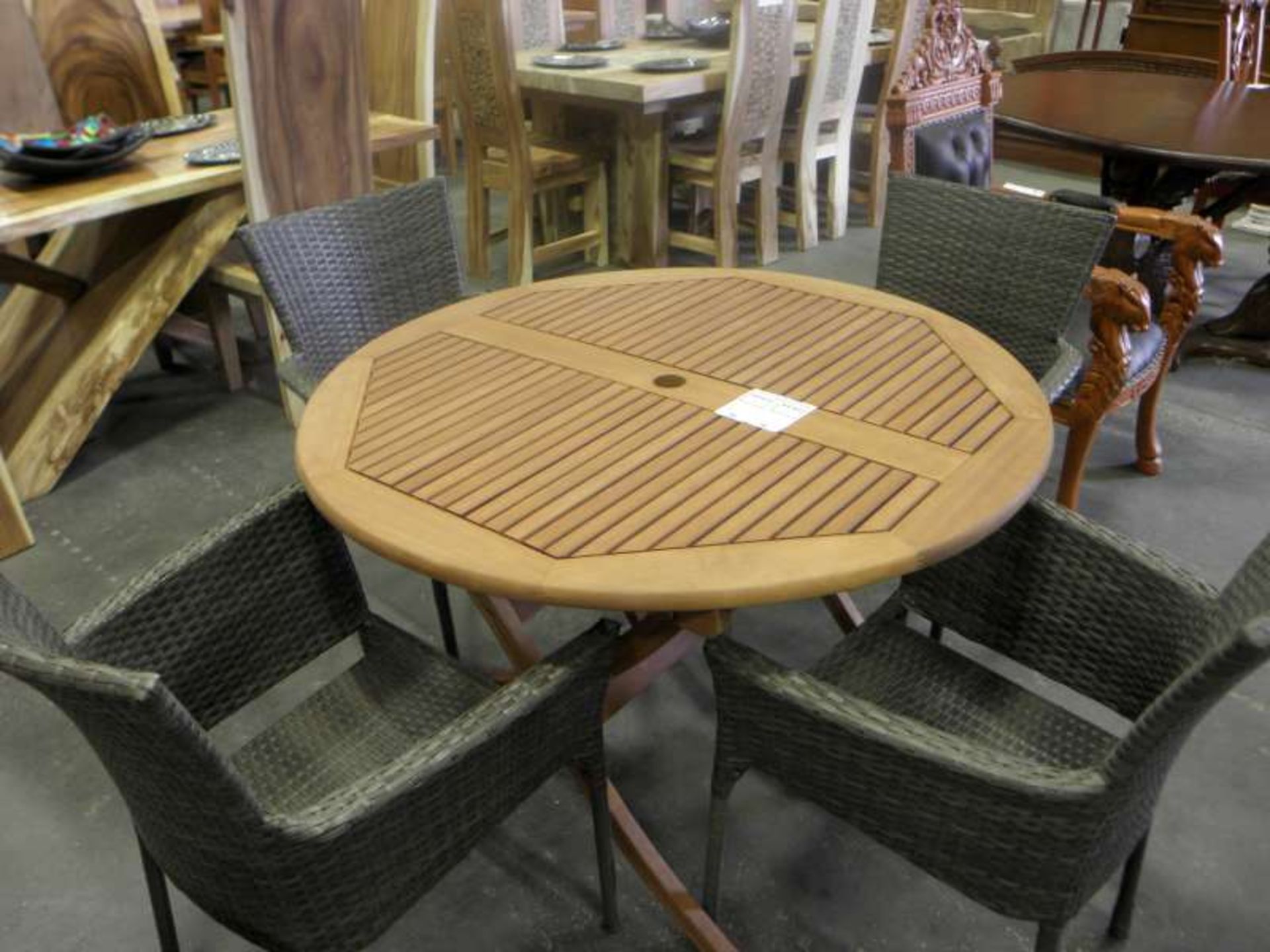 BRAND NEW BOXED PERU ROUND GARDEN TABLE WITH FOUR PANAMA STACKING CHAIRS