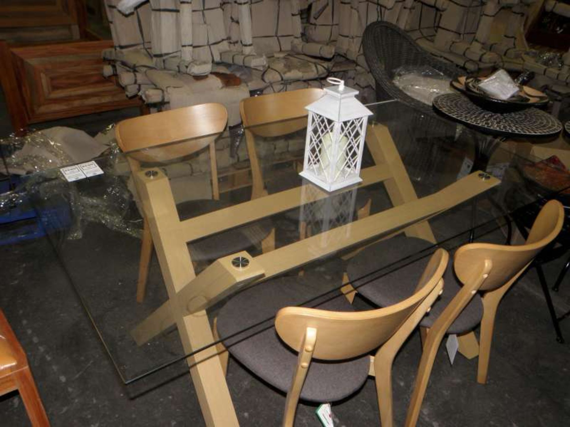 HARTLEY CROSS LEGGED GLASS DINING TABLE WITH 4 MERRICK OAK CHAIRS WITH CHARCOAL SEATING ( BOXED )