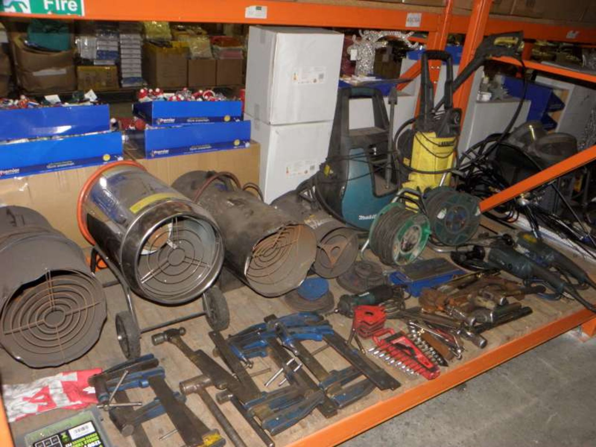 LOT CONTAINING JET WASHERS, SPACE HEATERS, CLAMPS, GRIUNDERS, EXTENSION LEADS, SPANNERS ETC