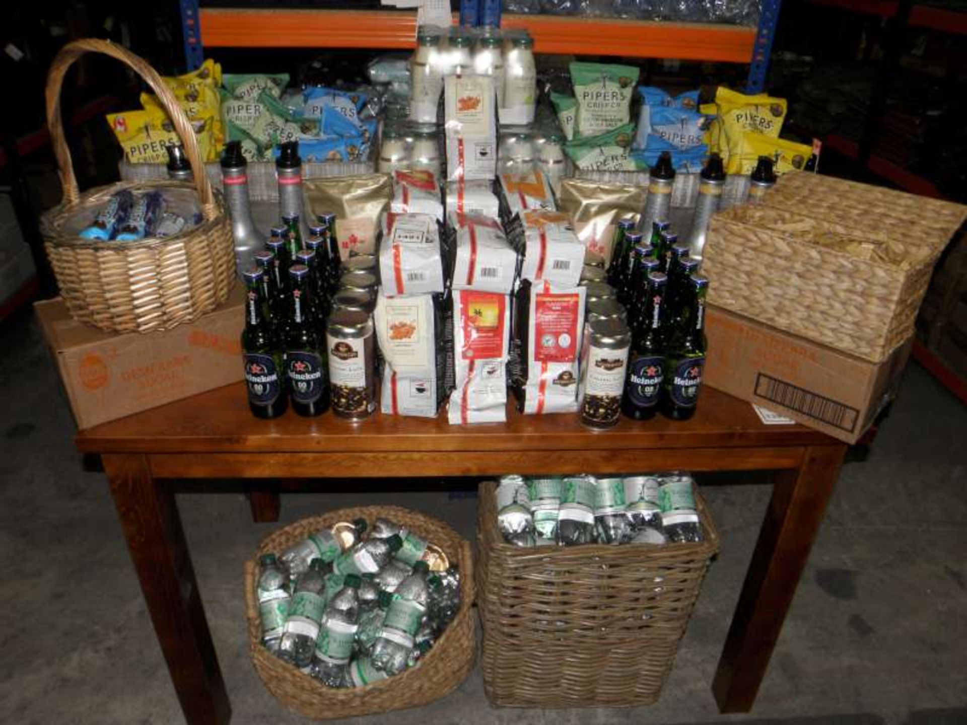 LOT CONTAINING BOTTLES OF WATER, COFFEE, HEINEKEN NONE ALCOHOLIC LAGER, CRISPS, BISCUITS, SUGAR,