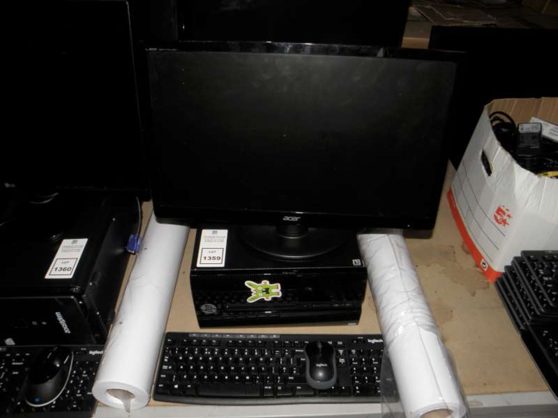 LOT CONTAINING 2 X HP BASE UNITS, 2 X FLAT SCREEN MONITORS, 2 X COMPUTER KEYBOARDS 2 X COMPUTER