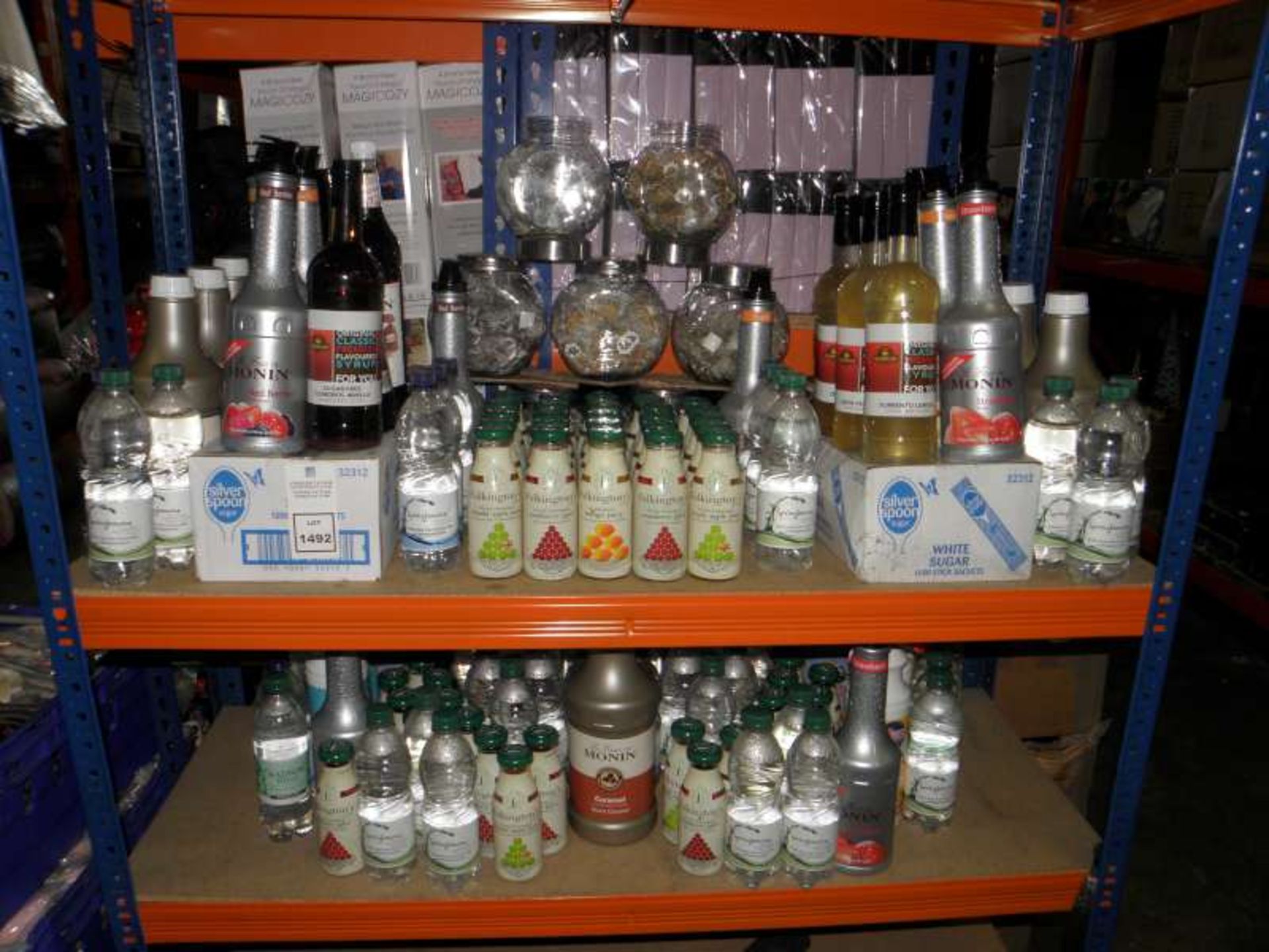 LOT CONTAINING BOTTLES OF WATER, APPLE JUICE, MANGO JUICE, TEABAGS, SUGAR, ETC