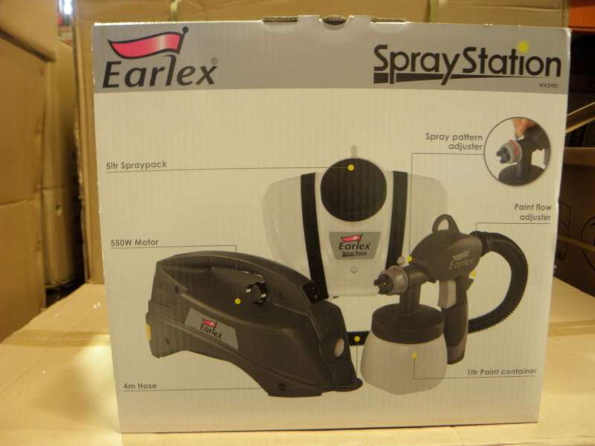 2 X BRAND NEW BOXED EARLEX SPRAY STATIONS WITH 550 WATT MOTOR, 1 LITRE POT, 4 METER HOSE, 5 LITRE