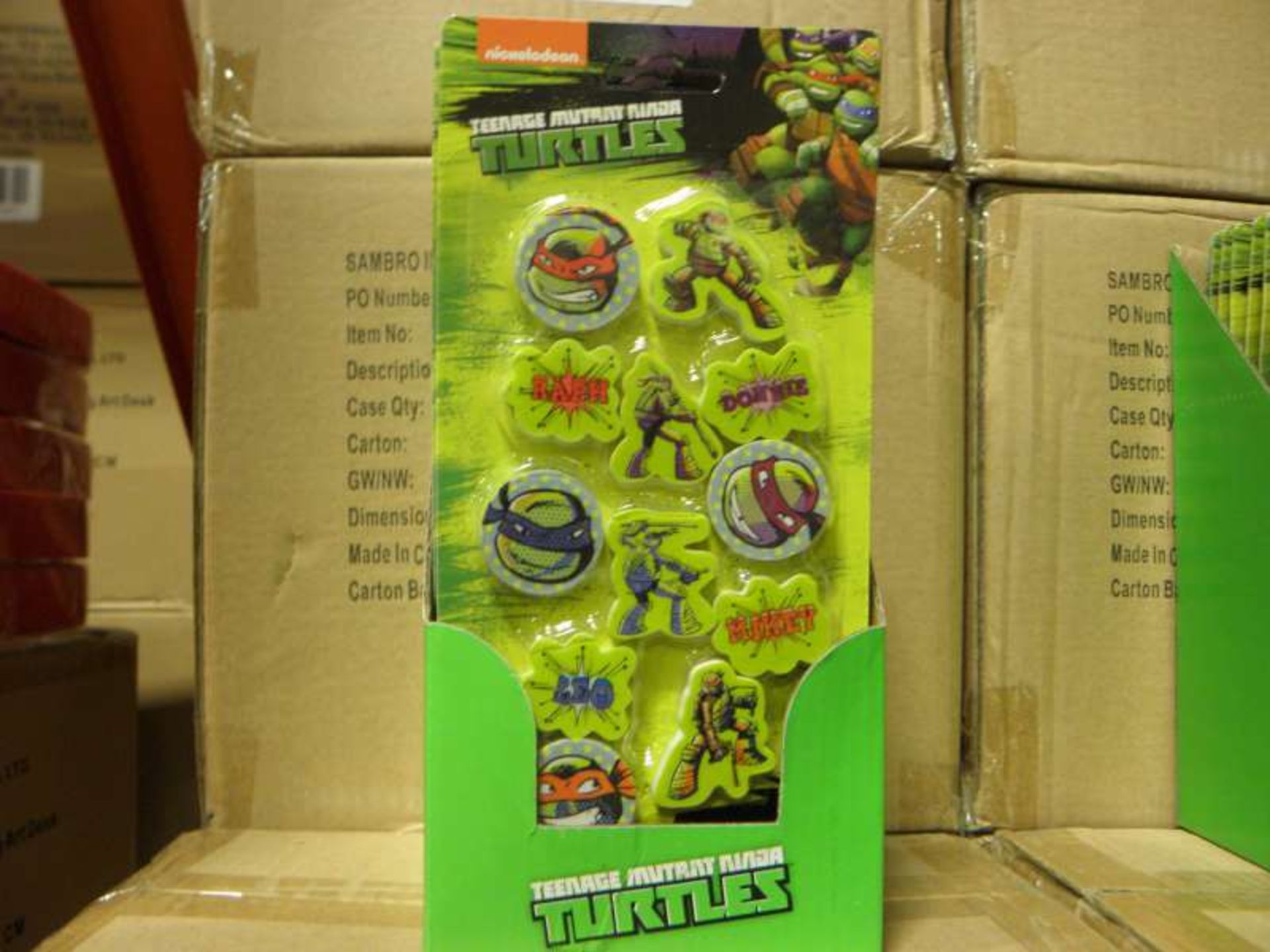 224 X TEENAGE NINJA MUTANT TURTLES COMIC STRIP MINI ERASERS IN 7 X BOXES