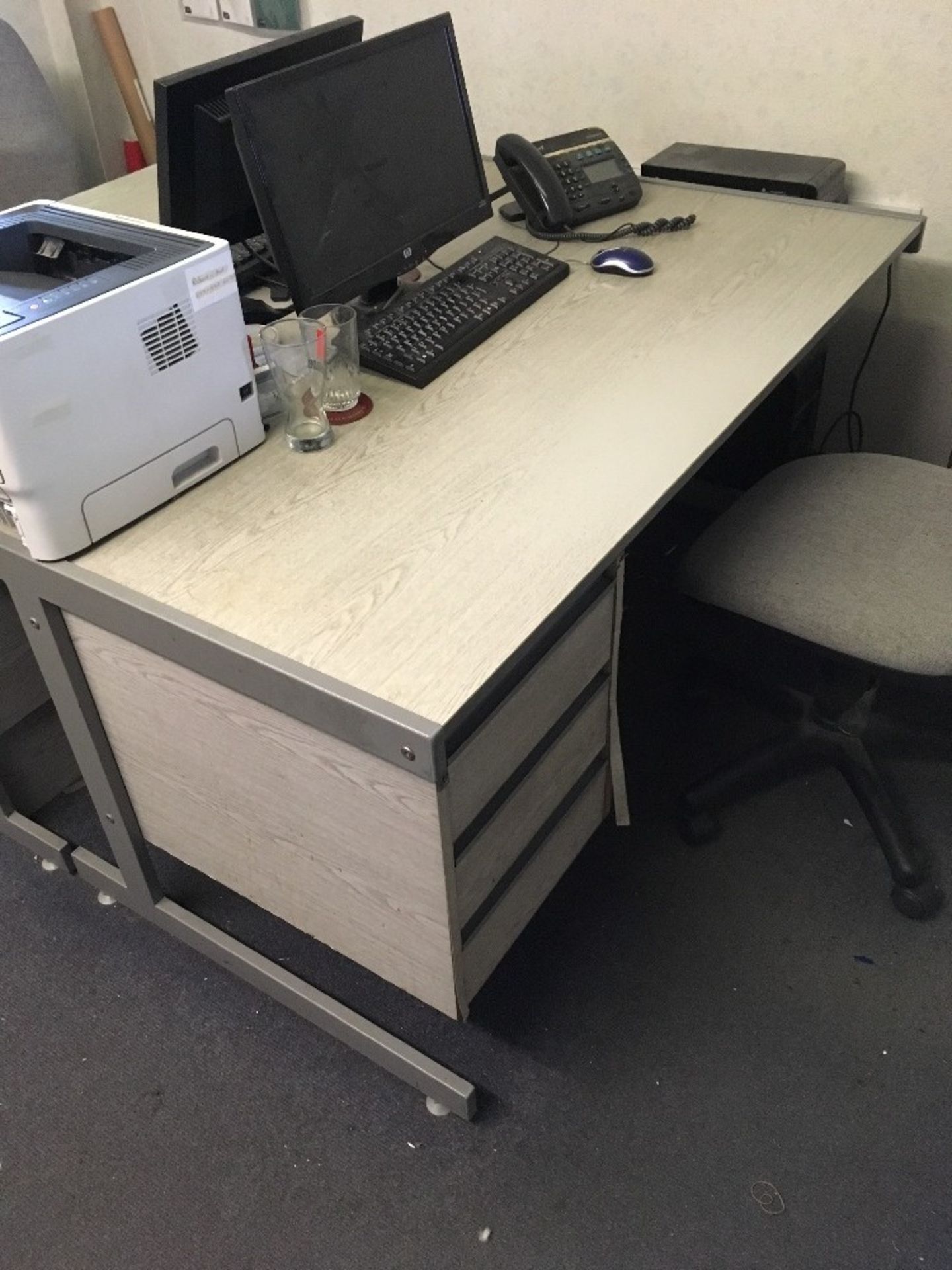 Various office furniture to include: 1 - 3 drawer standard desk (grey). 1 - 2 drawer standard