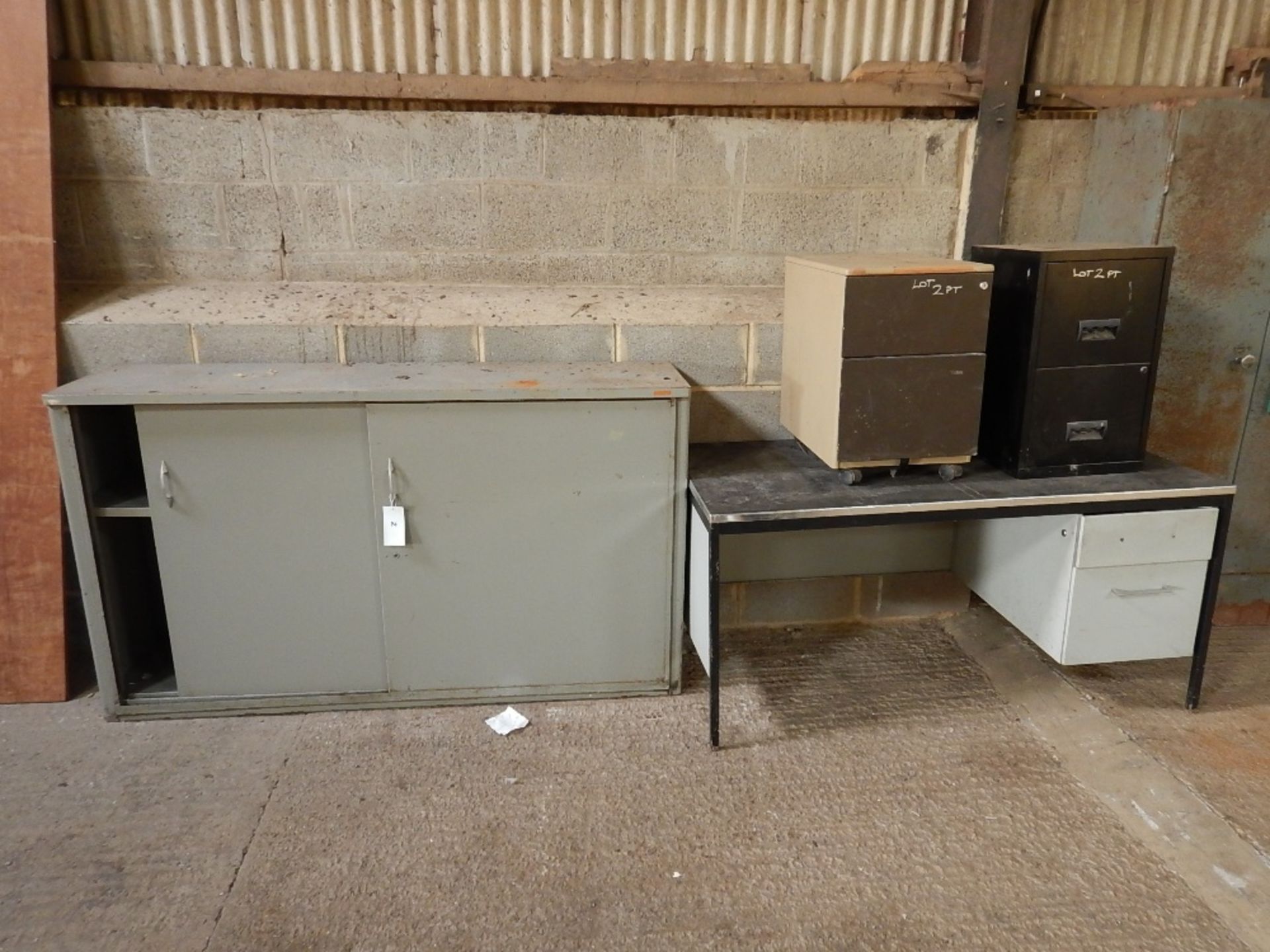 Metal cabinet t/w desk and 2no. filing cabinets