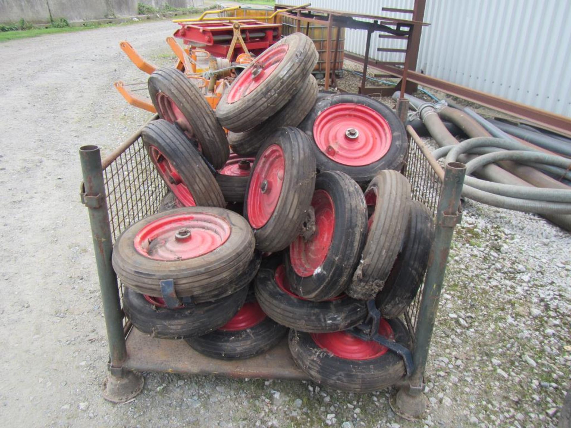 Qty Moore drill wheels and tyres in metal stillage