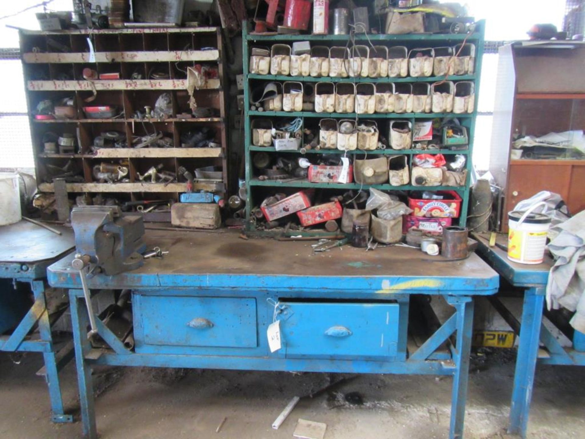 Two drawer work bench c/w contents