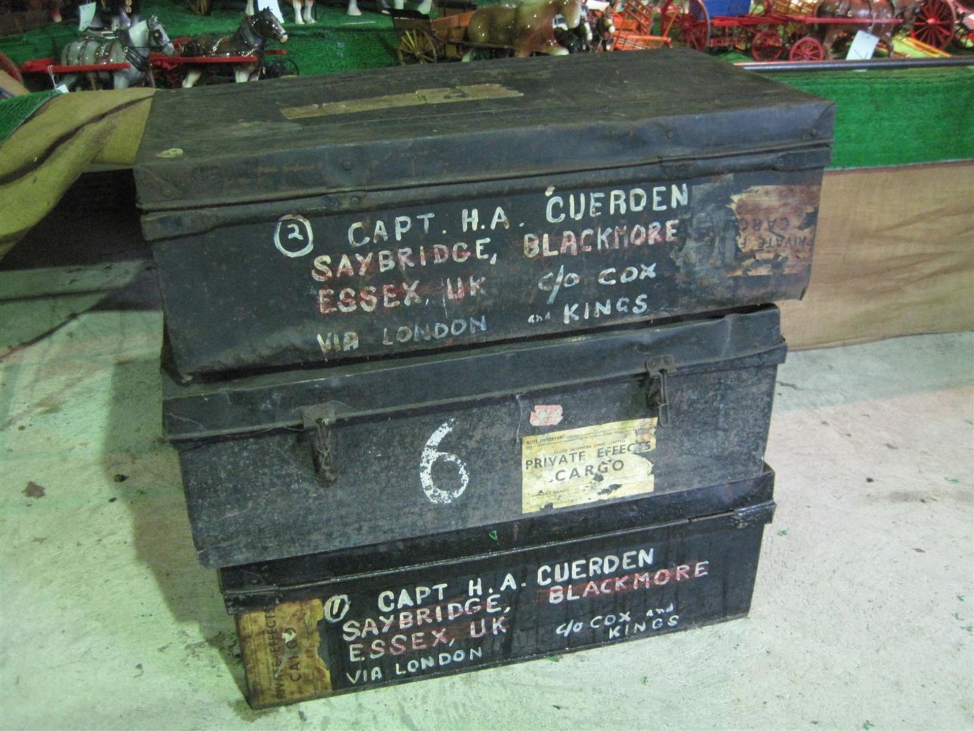 3no. Metal travelling trunks for Capt. H A Cuerden Essex