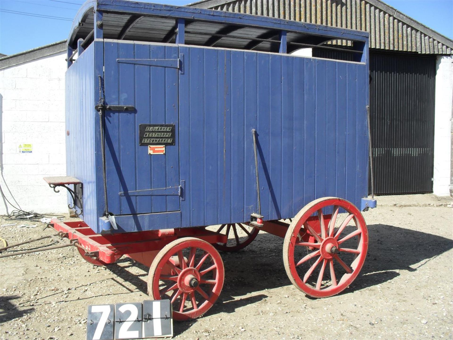 Cornish & Lloyds horse drawn 4wheel wooden livestock transporter on wooden wheels, with side &