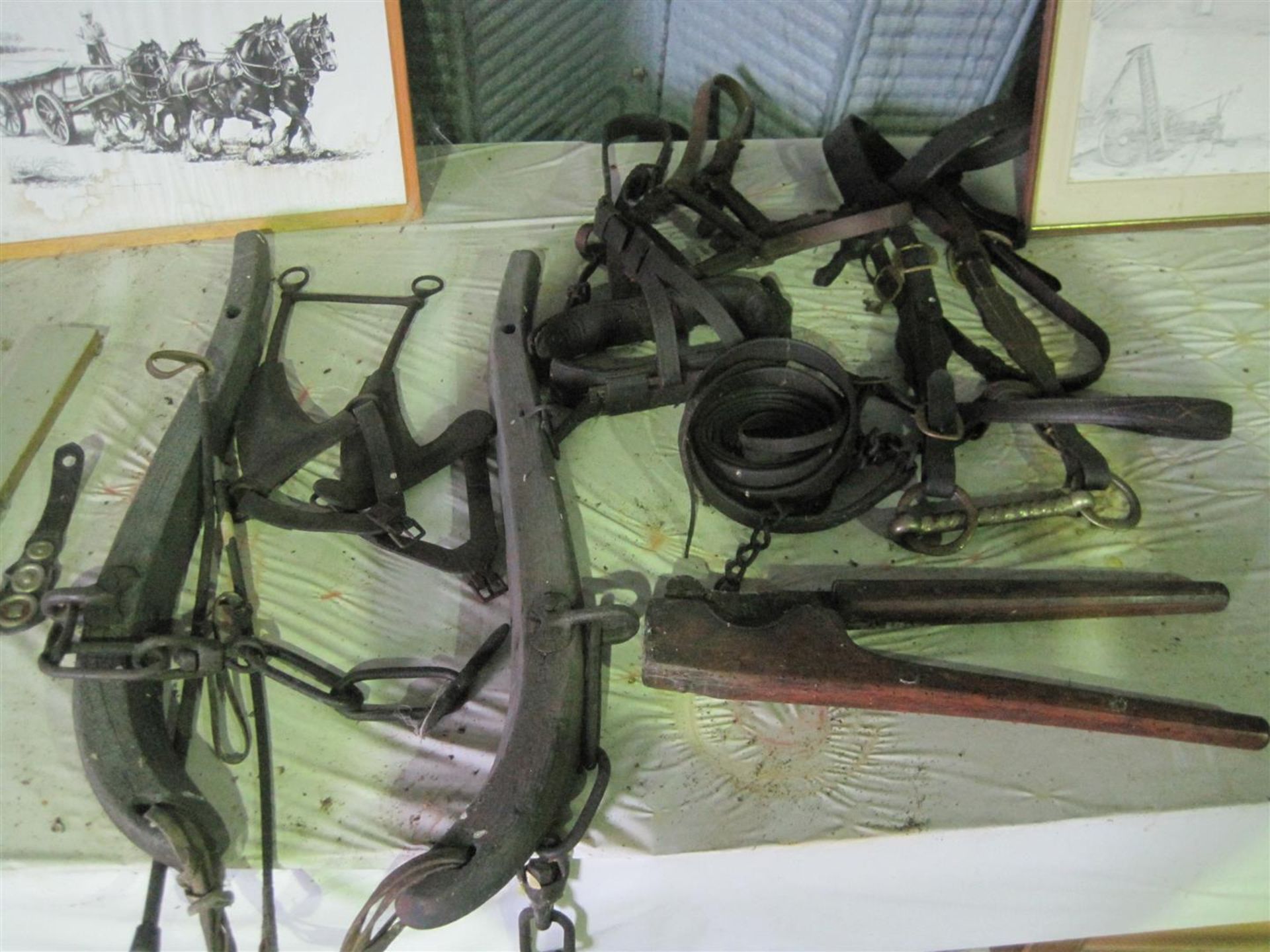 Pr. wooden horse harness, bridle, leathers etc and a castrating tool