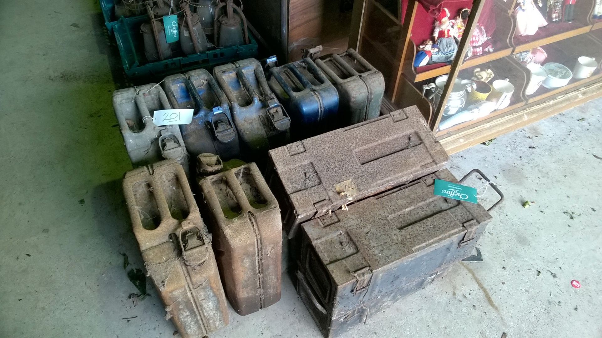 Jerry cans (7) and four metal ammunition boxes