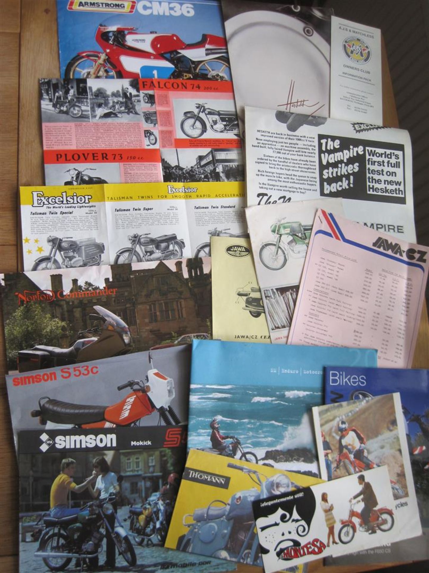 Francis-Barnett, Excelsior, Norton, Hesketh, Jawa, Simson, various brochures and flyers