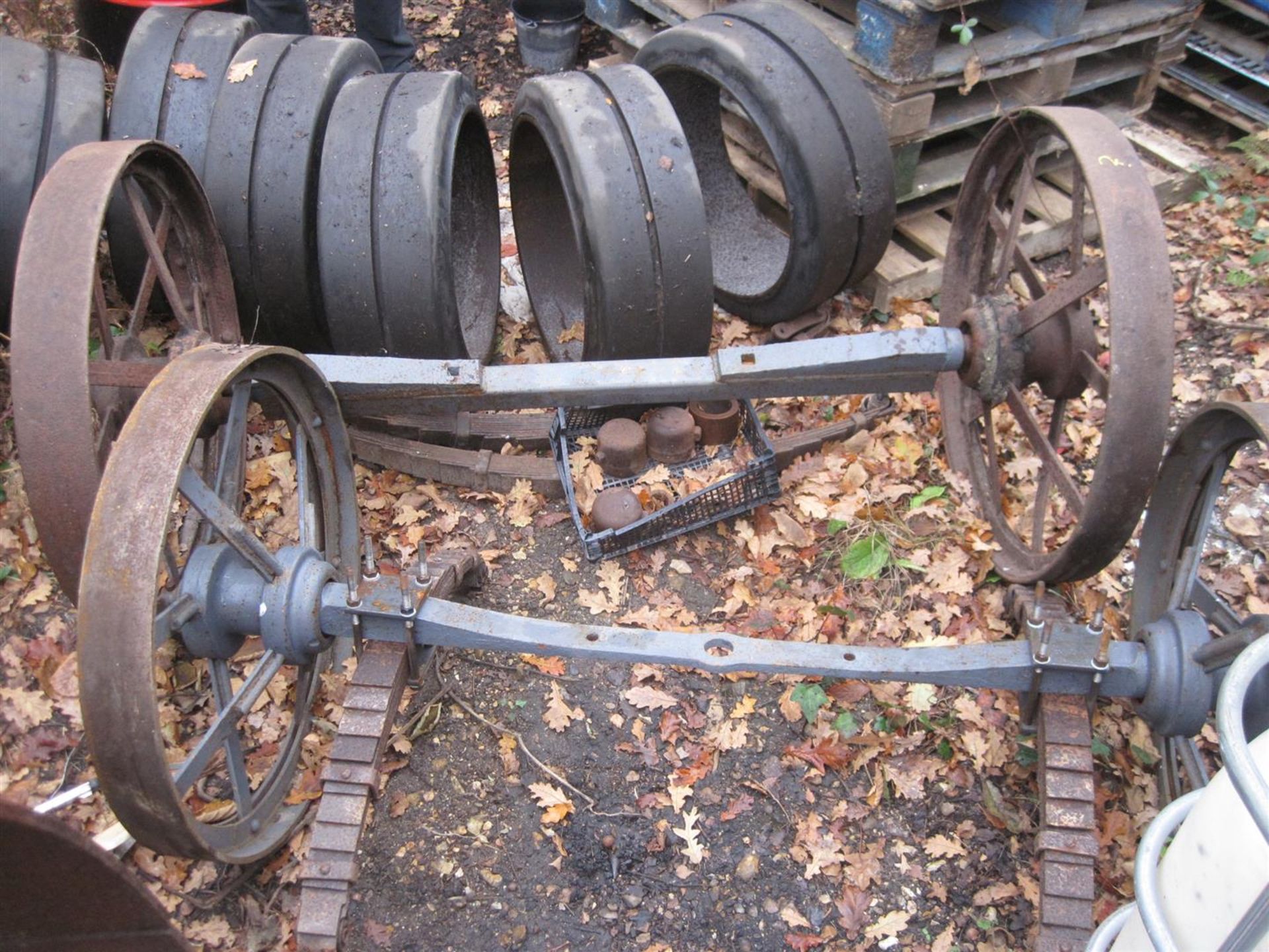 Ruston Proctor, a pair of sprung wheels and axles to suit trailer or living wagon