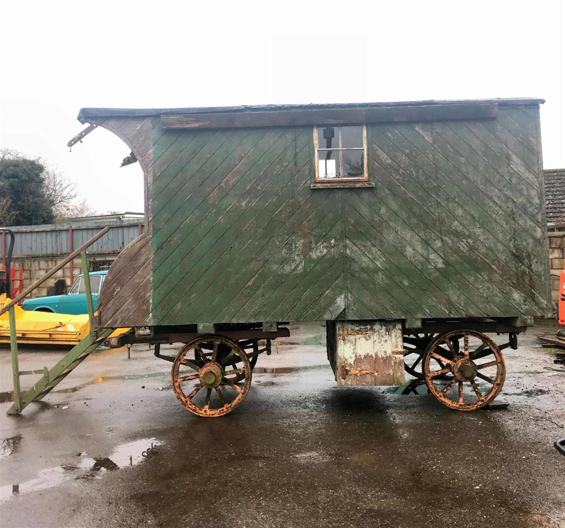 A steam engine road van stated to have been made and used by Sturgeon Bros who were thrashing