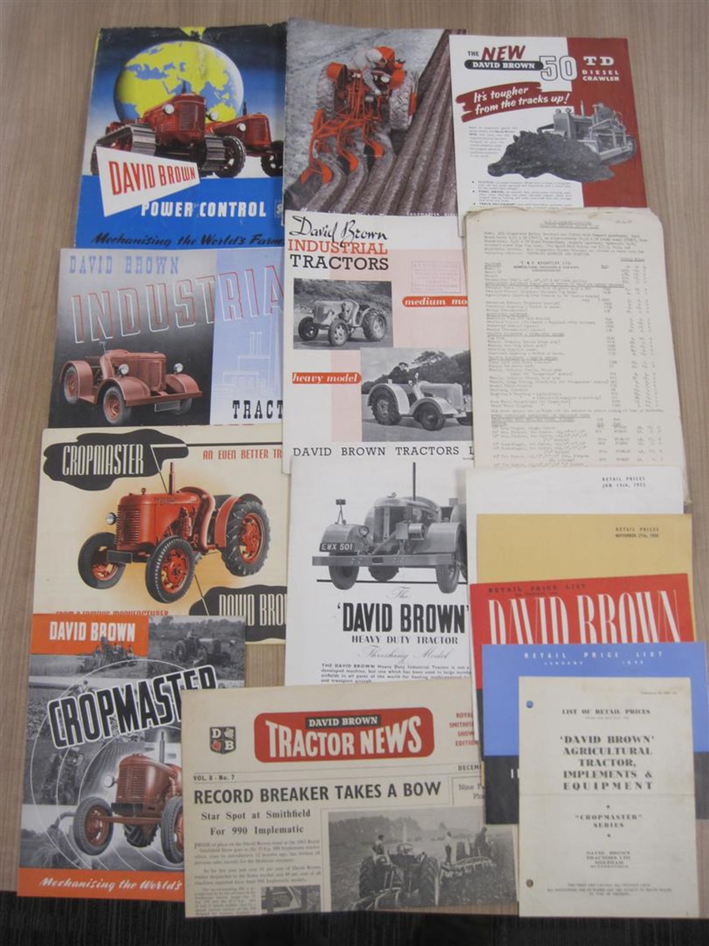 David Brown Cropmaster and Industrial tractor brochures and flyers t/w various price lists 1947-