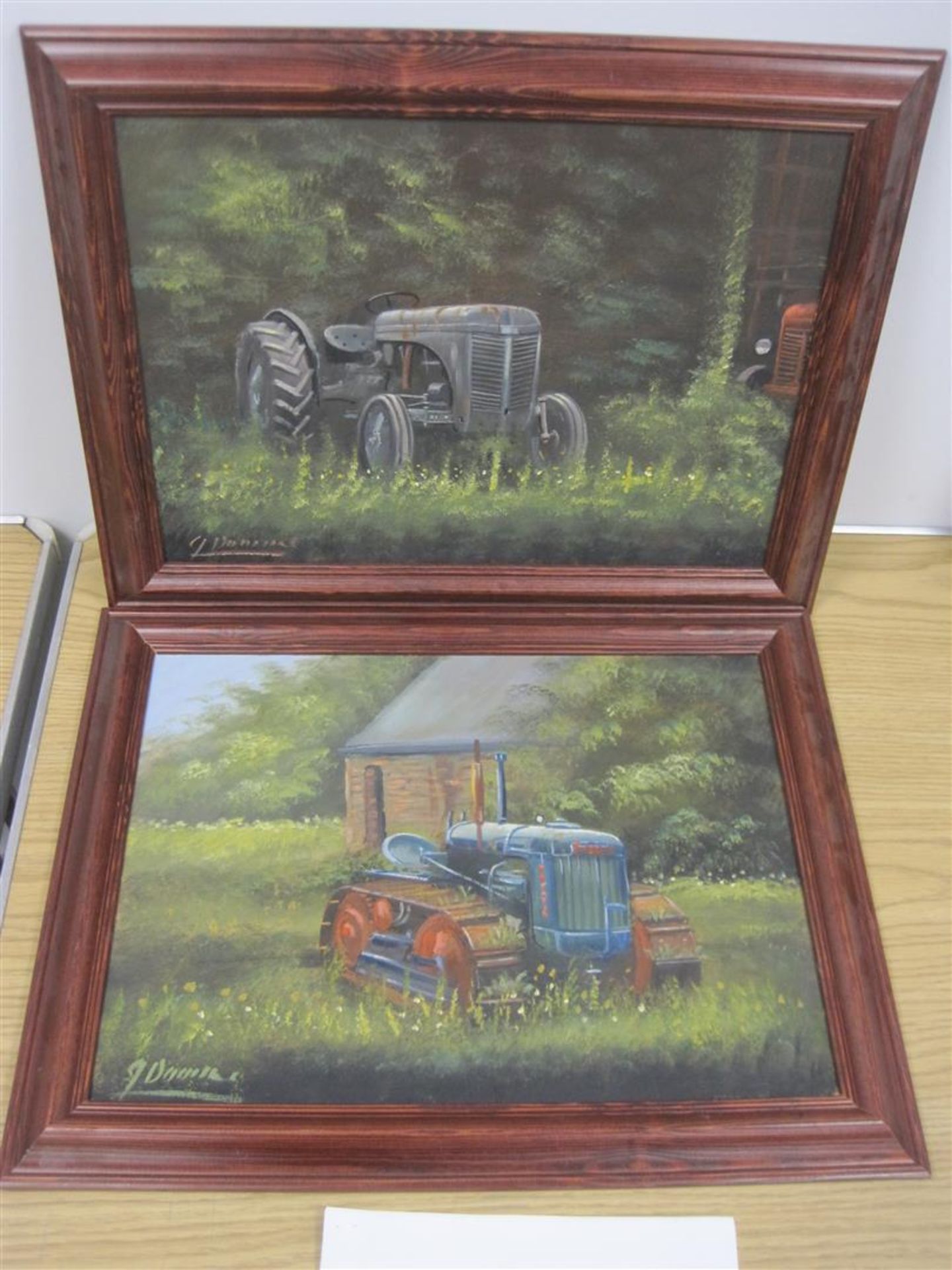 Ferguson TE20 and Fordson Major County Crawler, 2 framed oil on boards signed by Downs and measuring