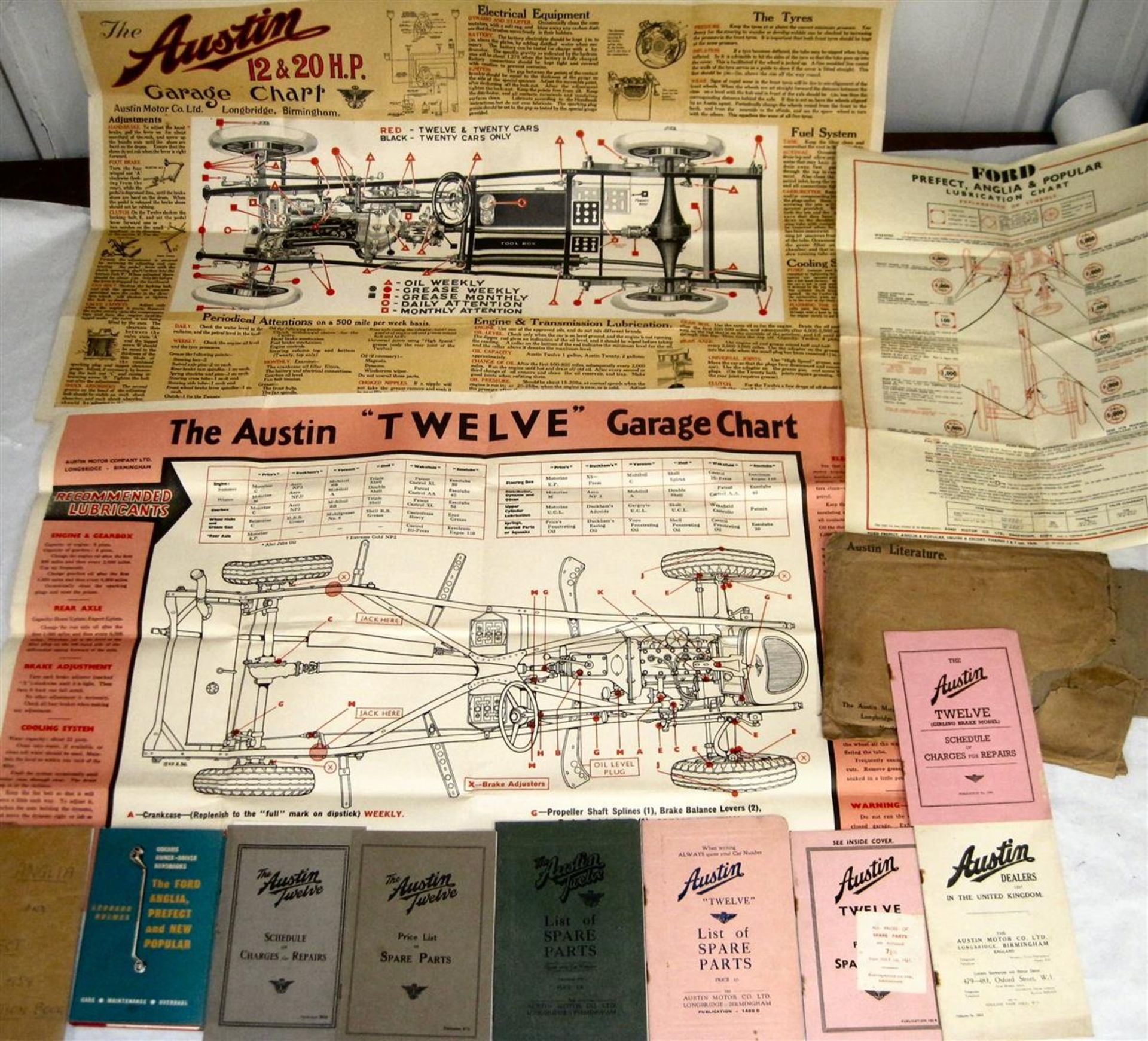 Austin garage charts for '12&20HP', 'Twelve' t/w associated manuals, parts lists etc also