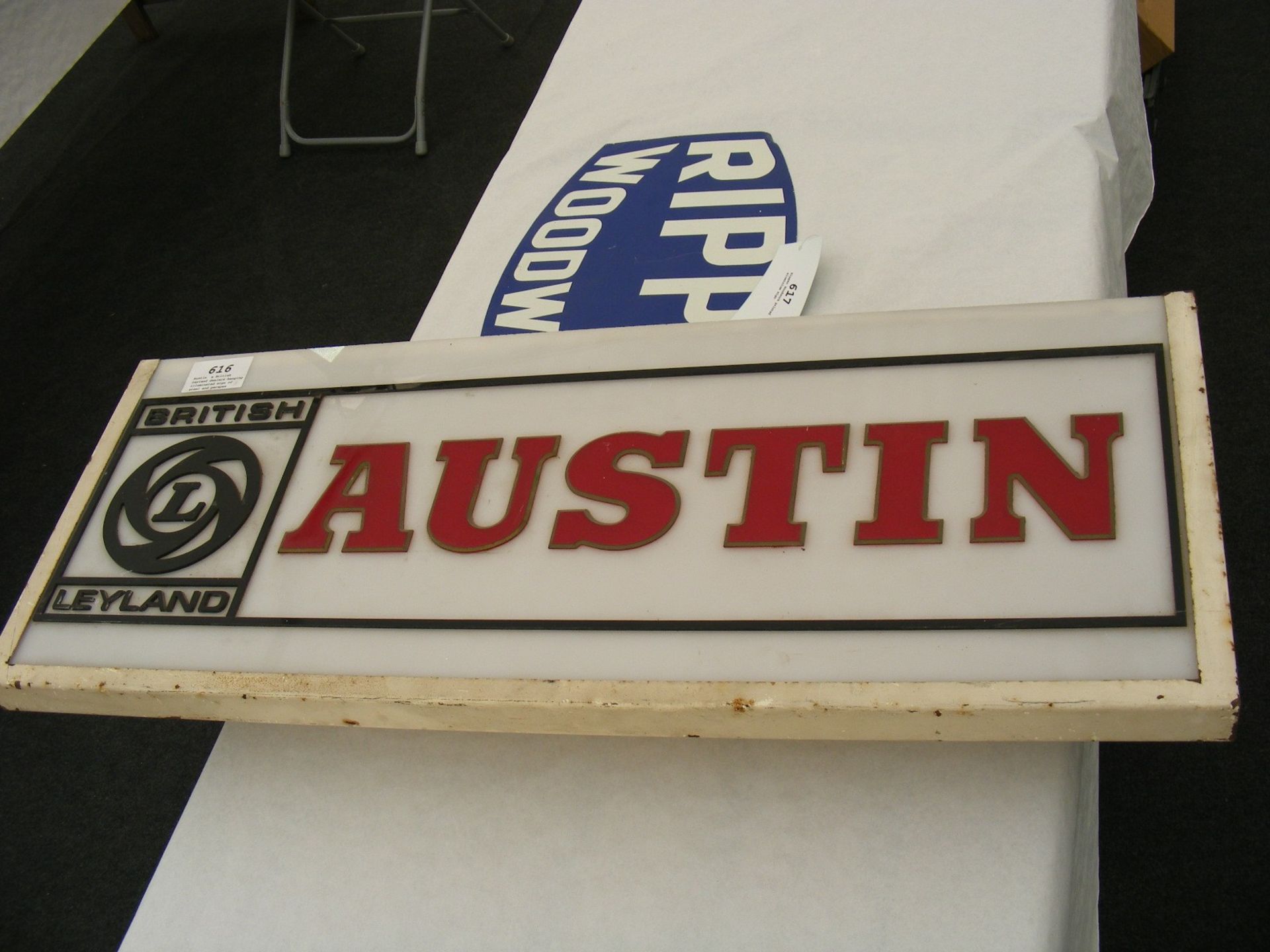 Austin, a British Leyland dealers hanging illuminated sign of steel and perspex construction (36'