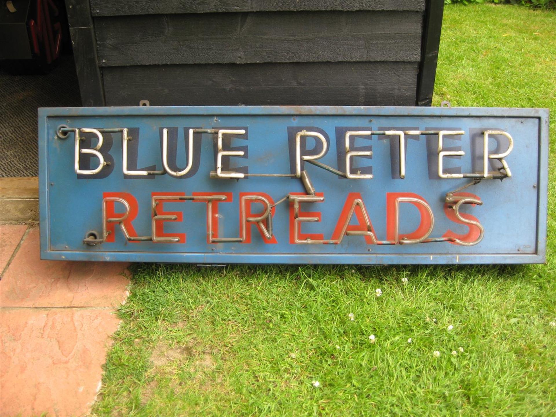 1950s Blue Peter Retreads neon sign inc transformer, 153cm wide x 46cm high x 16cm deep