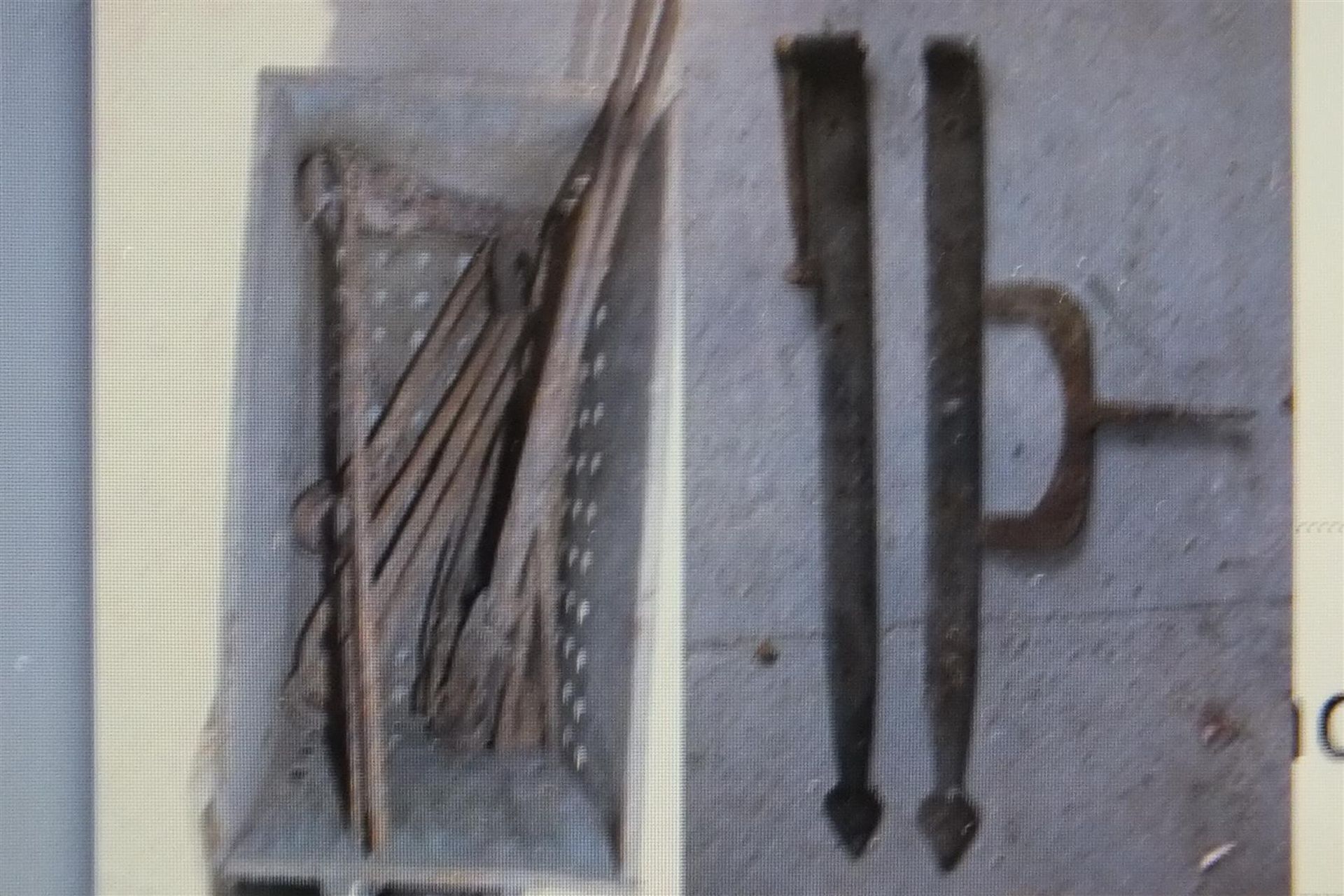 Blacksmith tools, pair barn hinges, foot scraper, pitchfork head