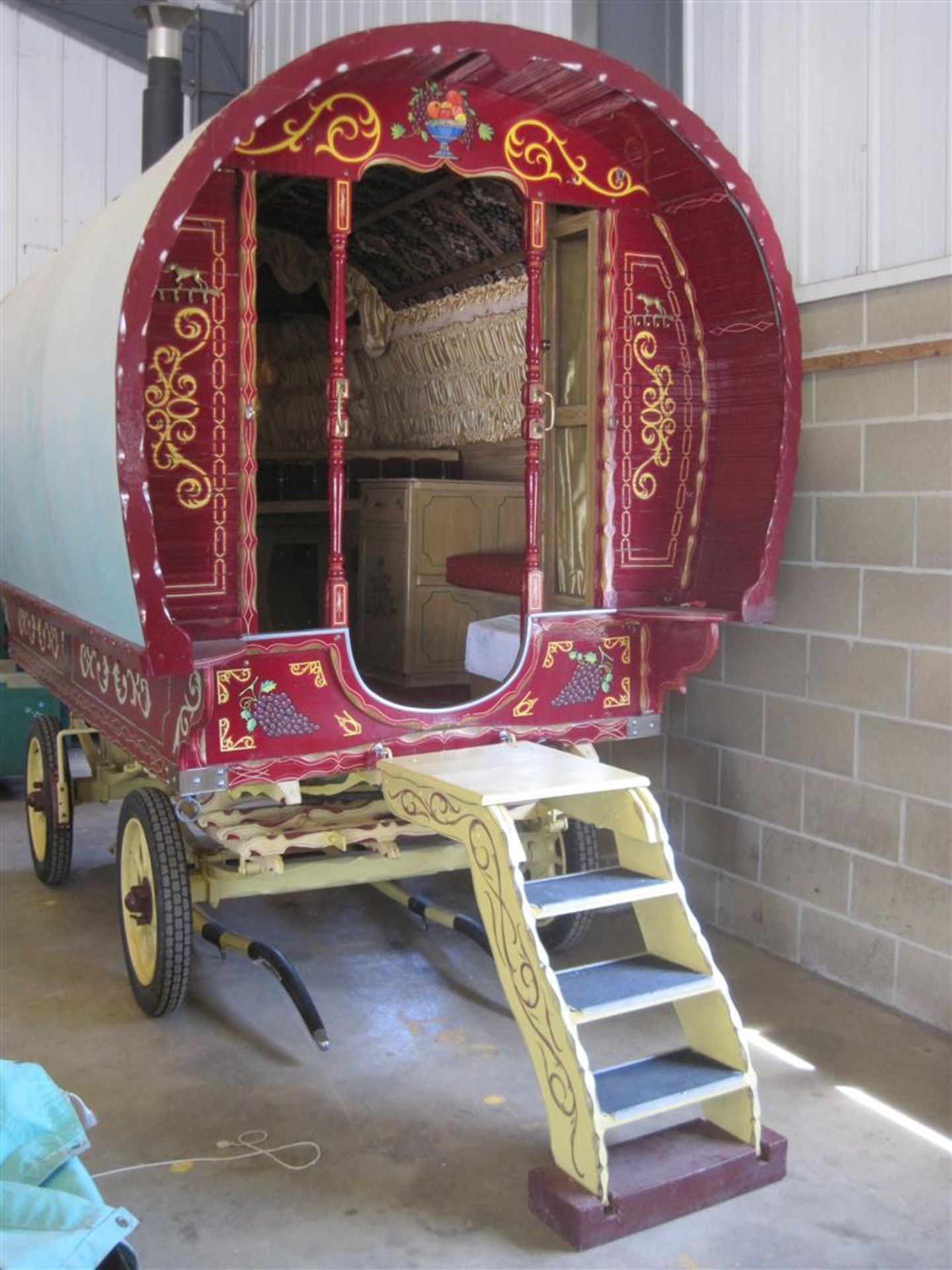 Bowtop horsedrawn caravan, the well carved and decorated wagon of modern origin has a leaded pane - Image 3 of 9