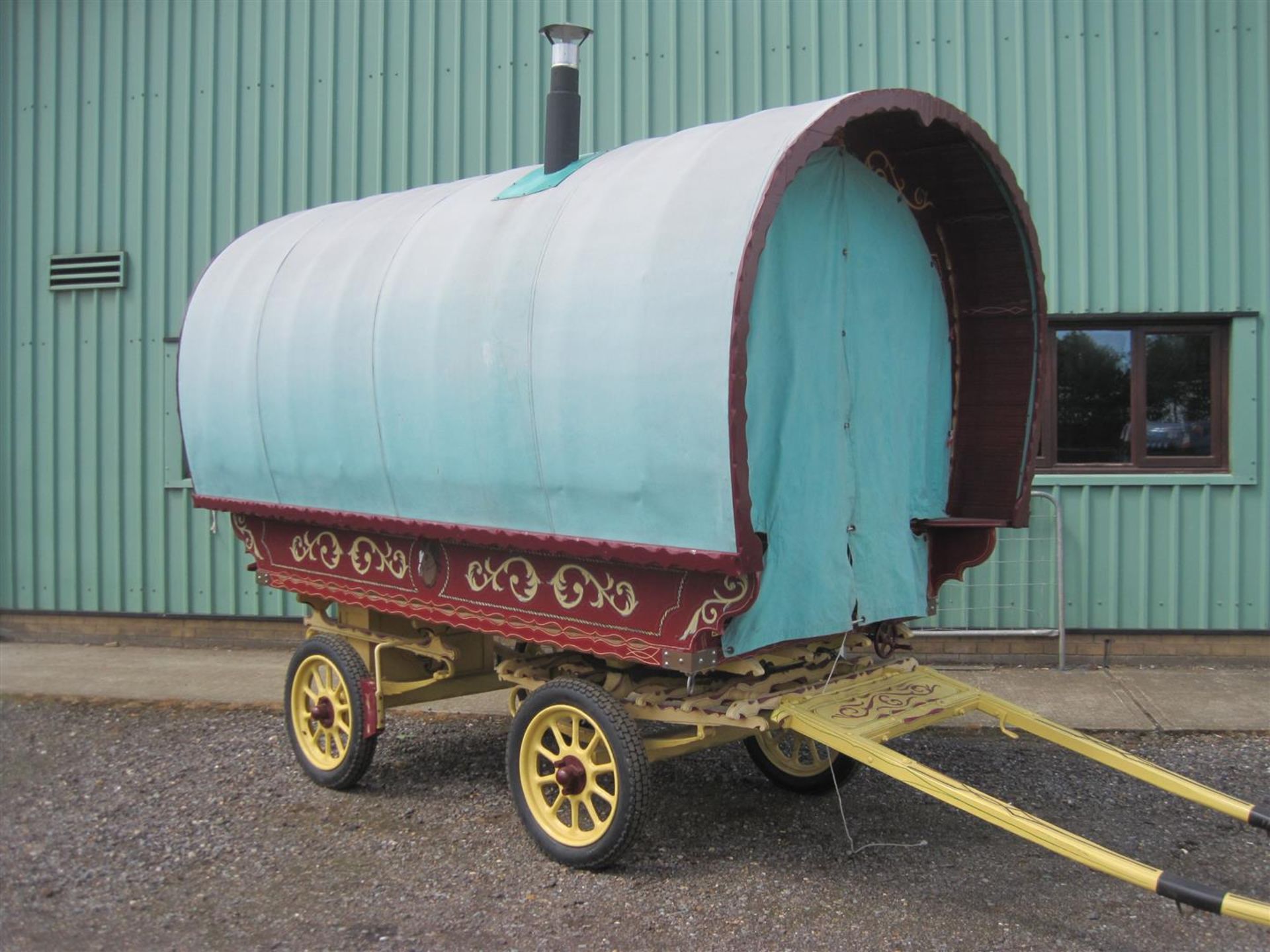 Bowtop horsedrawn caravan, the well carved and decorated wagon of modern origin has a leaded pane - Image 9 of 9