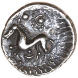 Sun and Moon Proto Boar. Rich Type 6a.c.55-45 BC. Celtic silver unit. 12mm. 1.38g.