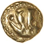 Boat Tree. Crescent and Y-Type. Morini. c.60-50 BC. Celtic gold quarter stater. 10mm. 1.47g.