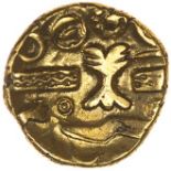 Treelike Trophy. c.45-40 BC. Celtic gold quarter stater. 11mm. 1.33g.