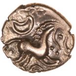 Irstead Smiler. c.15BC-5AD. Celtic gold quarter stater. 11mm. 1.10g.