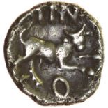 Tincomarus Bull Right. c.25BC-AD10. Celtic silver unit. 12mm. 1.12g.