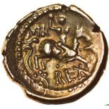 Verica Warrior Rex. c.AD10-40. Celtic gold stater. 18mm. 5.21g.