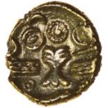 Treelike Trophy. c.45-40 BC. Celtic gold quarter stater. 11mm. 1.40g.